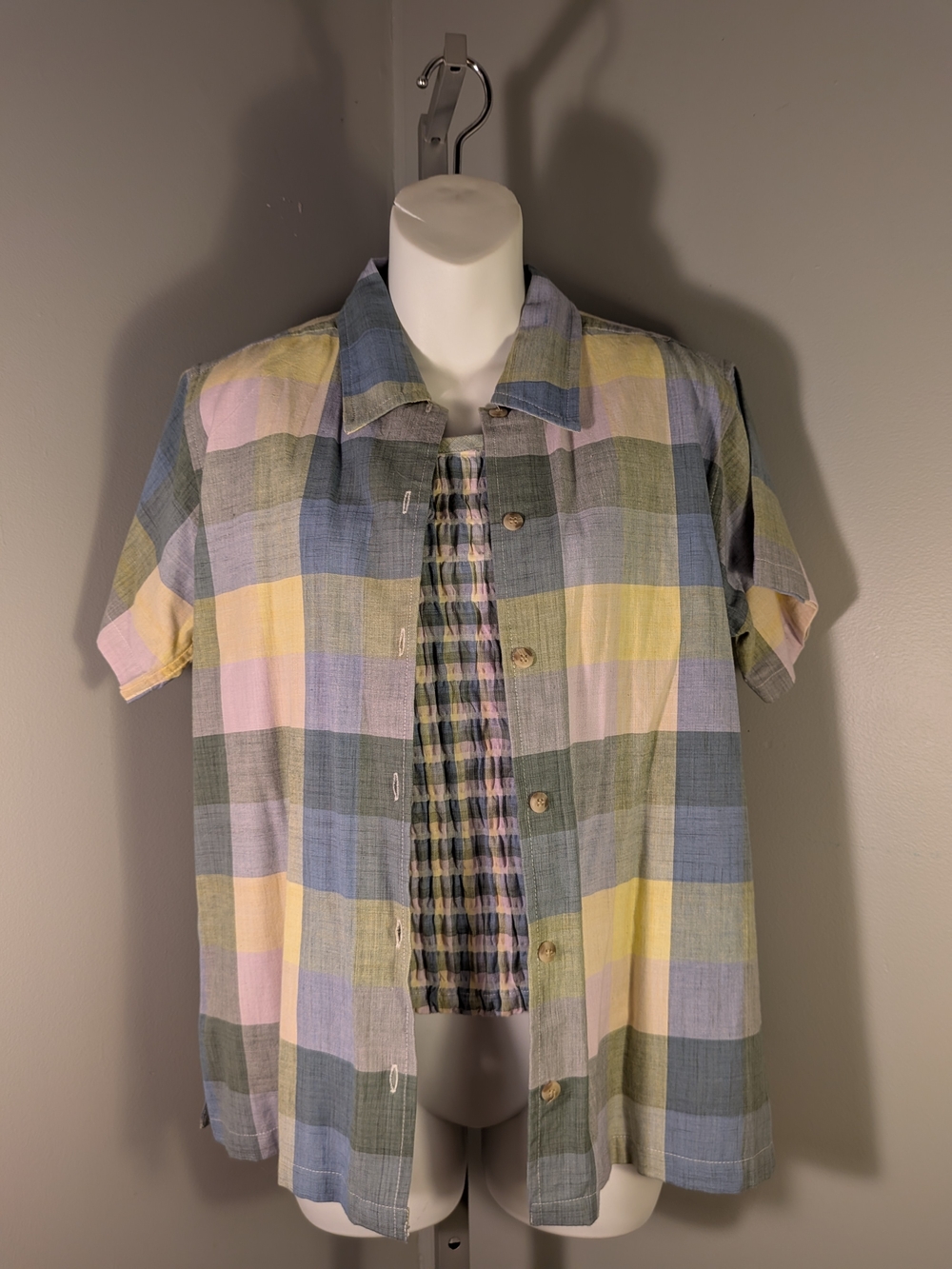 Vintage NWT Angelique 90's Pastel Plaid 2-Piece Twin Set Top Small